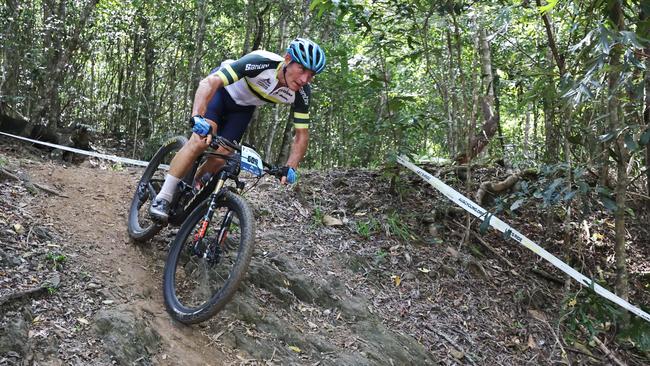 Russell Eggins competes in the Male cross country race of the UCI Masters Mountain Bike World Championships, held at Smithfield Mountain Bike Park . Picture: Brendan Radke