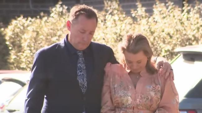 Shaun and Samantha Bowles at the funeral of Holly Morton-Bowles. Picture: 7News