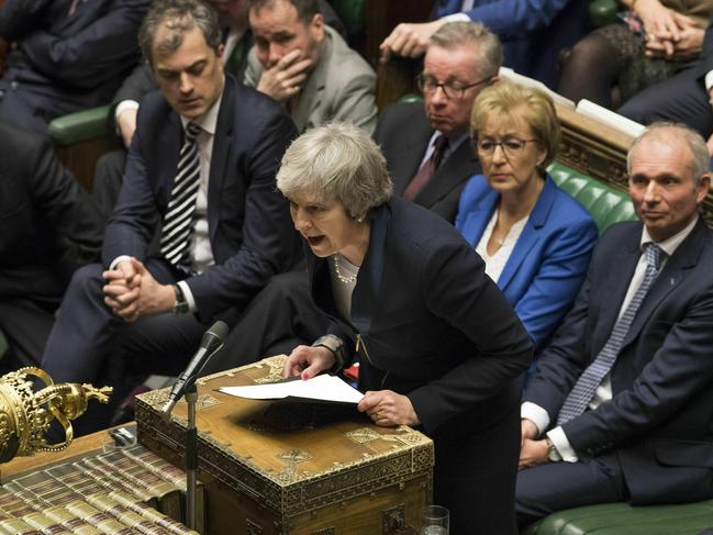 In this image issued by the House of Commons of British Prime Minister Theresa May speaks in the House of Commons in London after losing a vote on her Brexit plan Tuesday Jan. 15, 2019. British lawmakers rejected Prime Minister Theresa May's Brexit deal by a huge margin, plunging U.K. politics into crisis 10 weeks before the country is due to leave the European Union. The House of Commons voted 432 -202 on Tuesday against the deal struck between Britain's government and the EU in November.(Mark Duffy, House of Commons via AP)