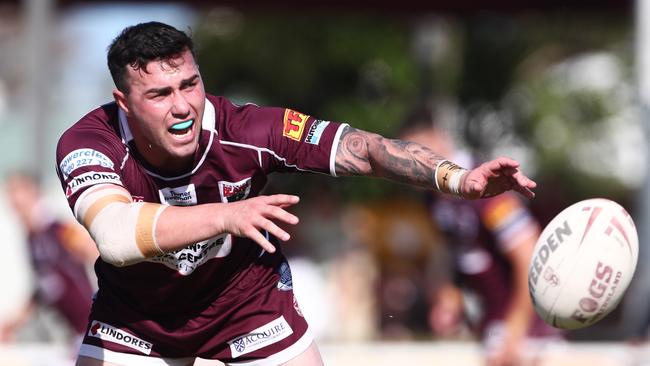 Burleigh's Jordan Scott in action against Runaway Bay during their Rugby League match at Pizzey Park on the Gold Coast. Photograph : Jason O'Brien