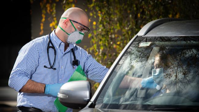 Dr Billy Stoupas has been testing patients in his carpark to ensure everyone gets good care. Picture: Tony Gough