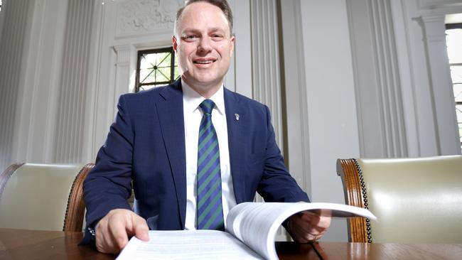 Lord Mayor Adrian Schrinner with the 2023-24 Brisbane City Council Budget. Picture: Steve Pohlner