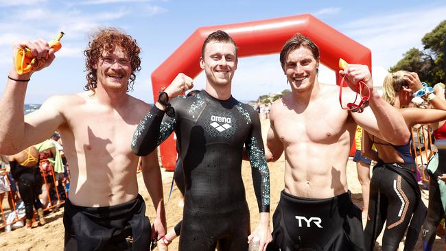 The Men's Portsea Swim Classic top three finishers – Jordan Merrilees (2nd), Robbe Dilissen (1st) and Harry Atkins (3rd).