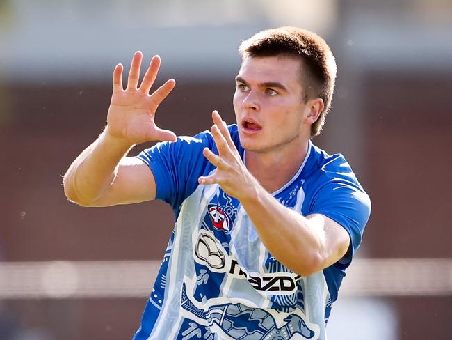 MELBOURNE, AUSTRALIA - FEBRUARY 22: Colby McKercher of the Kangaroos warms up before the 2025 AFL match simulation between the North Melbourne Kangaroos and Melbourne Demons at Arden Street on February 22, 2025 in Melbourne, Australia. (Photo by Dylan Burns/AFL Photos via Getty Images)