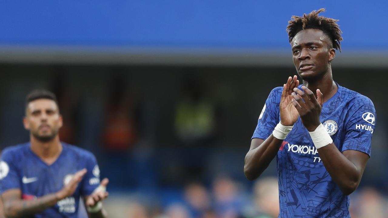Chelsea's Tammy Abraham is one of three strikers coach Frank Lampard could choose. (AP Photo/Frank Augstein)