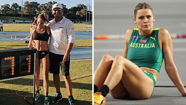 Nina Kennedy with Alex Parnov and Kennedy competing at the world championships. Photo: Supplied and Christian Petersen/Getty Images for World Athletics.