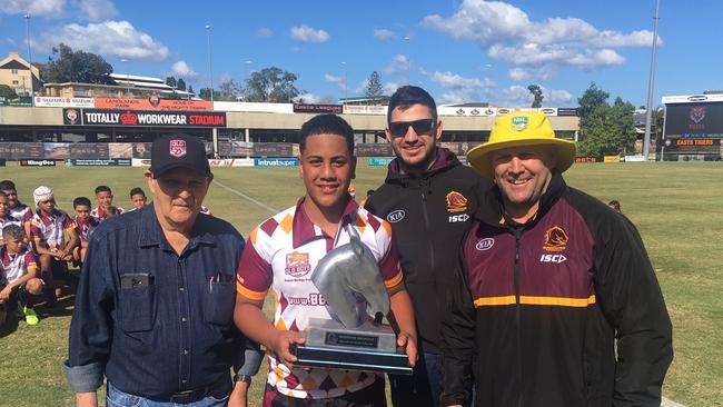 Broncos Old Boys Trophy with a couple of legends, Michael Hancock, Matt Gillett. That is Phil Hall on the left with Marsden SHS captain.