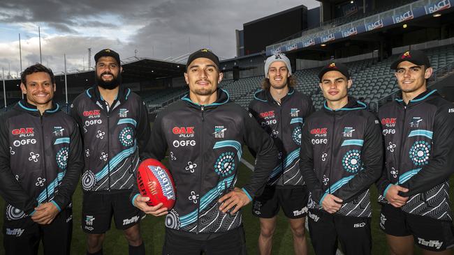 Port Adelaide’s indigenous players for the game against Hawthorn, from left, Steven Motlop, Paddy Ryder, Sam Powell- Pepper, Jarrod Lienert, Karl Amon and Joel Garner at UTAS Stadium. Picture: CHRIS KIDD