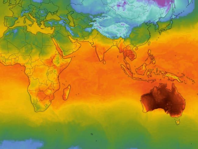 This world tempertature map shwos Australia, on it's own, with scorching temoperatures. Picture: Windy.