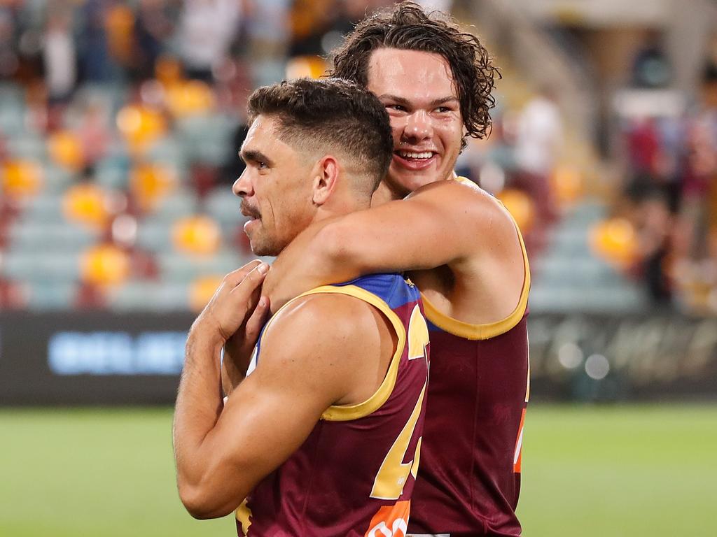 Cam Rayner couldn’t stop smiling after playing in his first finals win. Picture: Getty Images