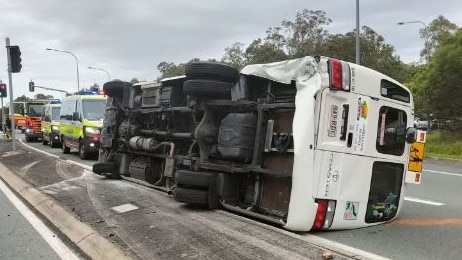 Emergency services attended a bus rollover at Birtinya. Picture: Contributed.