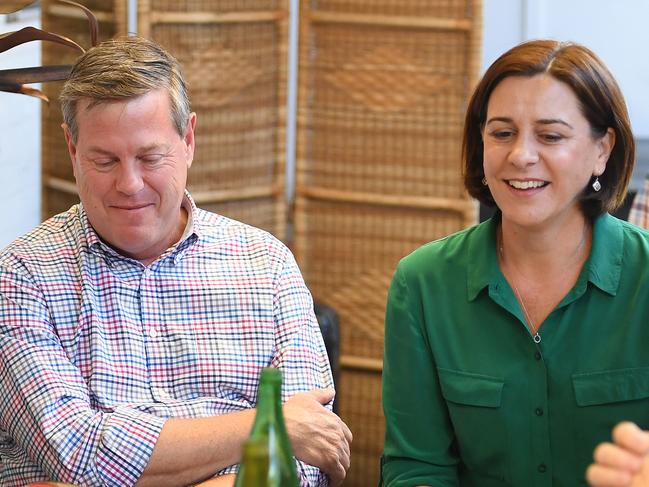 Queensland Opposition Leader Tim Nicholls and his deputy Deb Frecklington are seen as they meet family and friends at a cafe in Brisbane, Sunday, November 26, 2017. Yesterday Queenslanders went to the polls in the state's election but no clear winner has yet been declared. (AAP Image/Dan Peled) NO ARCHIVING