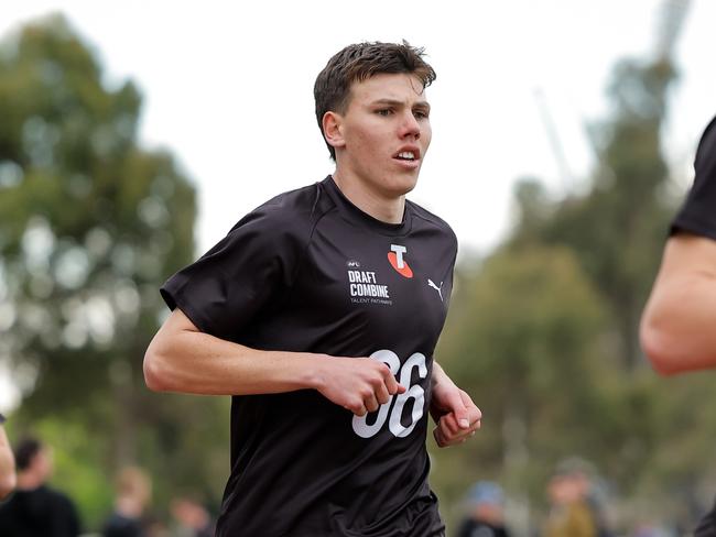 MELBOURNE, AUSTRALIA – OCTOBER 04: Finn O'Sullivan (Victoria Country – Oakleigh Chargers) in action during the 2km time trial during the Telstra AFL National Draft Combine Day 1 at the AIA Centre on October 04, 2024 in Melbourne, Australia. (Photo by Dylan Burns/AFL Photos via Getty Images)