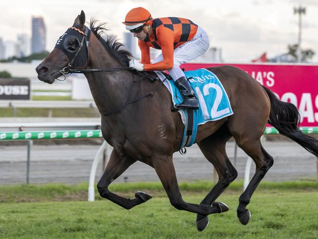 Brad Stewart rides Peppi La Few to victory in race 9, the Coca-Cola Class 6 Plate, during the QTIS Jewel Raceday at Aquis Park on the Gold Coast, Saturday, March 14, 2020. (AAP Image/Glenn Hunt)