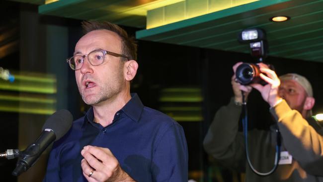 Greens Leader Adam Bandt speaks to party faithful on Saturday night. Picture: NewsWire/Ian Currie