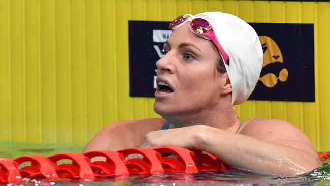 Seebohm after the final of the women’s 200m backstroke at the World Swimming Trials in June, 2019. She finished a second outside the Australian qualifying mark. Picture: AAP Image/Darren England