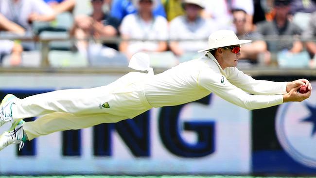 Peter Handscomb takes a ripper catch in the third Test. Picture: AAP Images