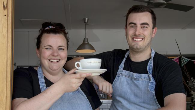 The Village Foodstore’s Kellie Herrmann and Matthew Georgiadis are pumped up after they won a competition for the best coffee of 2018 by a local Facebook page. Picture: Andy Brownbill