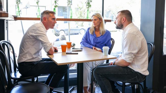 Premier Dominic Perrottet (left) with Liberal Coogee candidate Kyle von Muenster and News Corp journalist Alexi Demetriadi. Picture: Toby Zerna