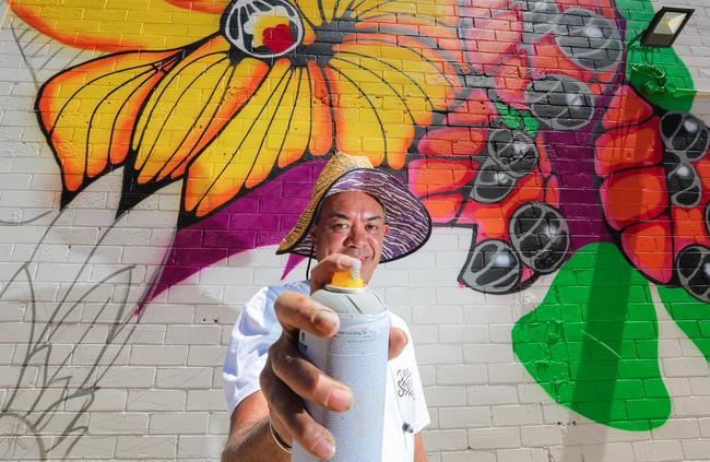 The Darwin Street Art Festival continues with Local artist Jason Lee in Austin Lane. Picture: Glenn Campbell