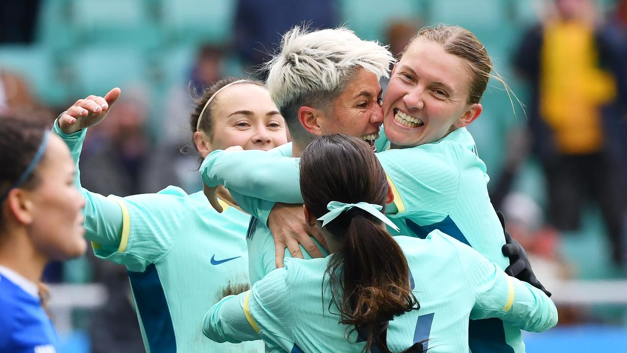 Michelle Heyman of Australia celebrates scoring a goal for the Matildas in Tashkent, Uzbekistan. Picture: Tolib Kosimov/Getty Images.