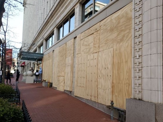 DC businesses boarded up ahead of expected riots and violence. Picture: Nathan Vass, News Corp