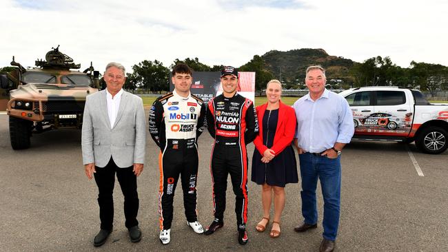 Supercars drivers Ryan Wood and James Golding (centre) with Deputy Mayor Paul Jacob, Townsville Enterprise director of visitor economy and marking Lisa Woolfe and Townsville MP Scott Stewart at Reid Park. Picture: Evan Morgan