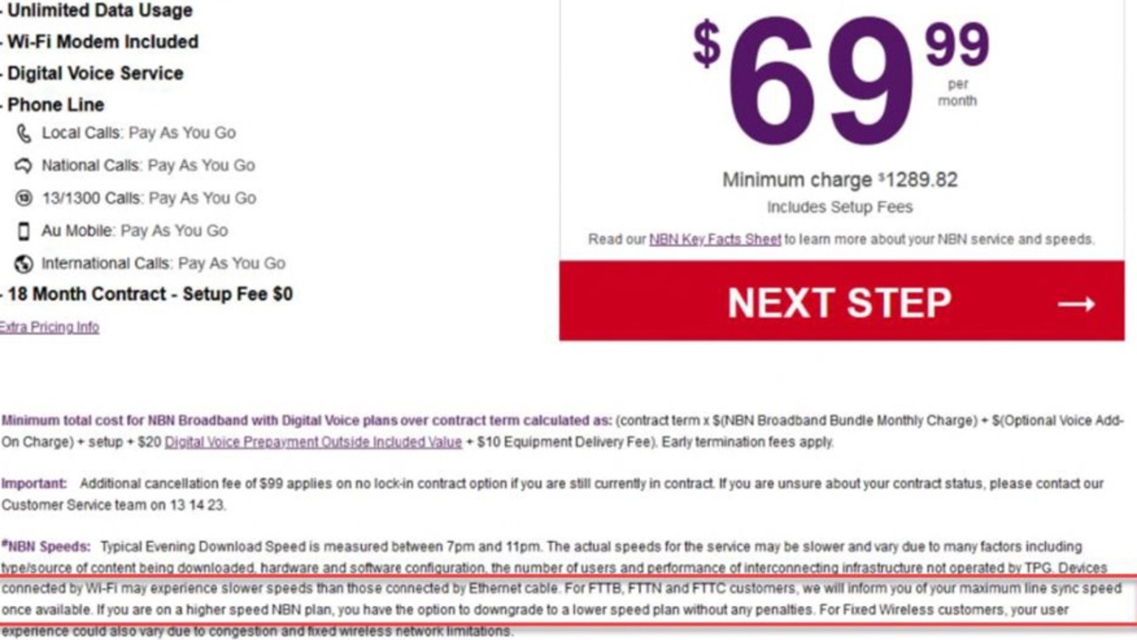 One of the advertisements TPG issued about its NBN internet plan, with emphasis on the misleading or false representation in red.
