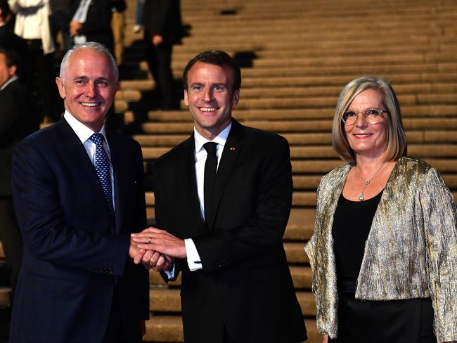 Mr Macron met Malcolm and Lucy Turnbull at the Sydney Operat House Tuesday night. Picture: Mick Tsikas-Pool/Getty Images