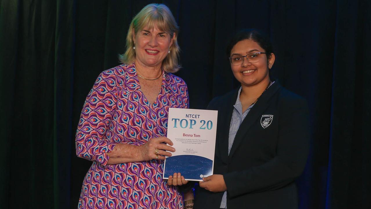 Education Minister Eva Lawler presents Essington School's Besna Tom after the announcement of 2022 NTCET Top 20 Year 12 Students and 2022 Top Aboriginal Student at NT Parliament House. Picture: Glenn Campbell