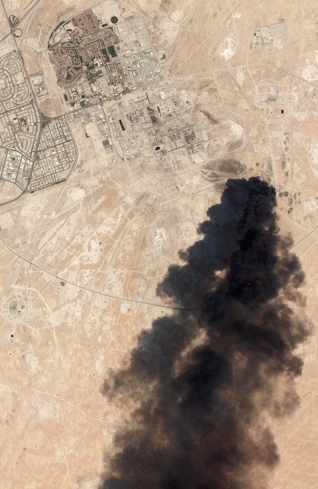 This satellite overview shows damage to oil/gas infrastructure from weekend drone attacks at Abqaiq in Saudi Arabia. Picture: Ho/Plant Labs Inc