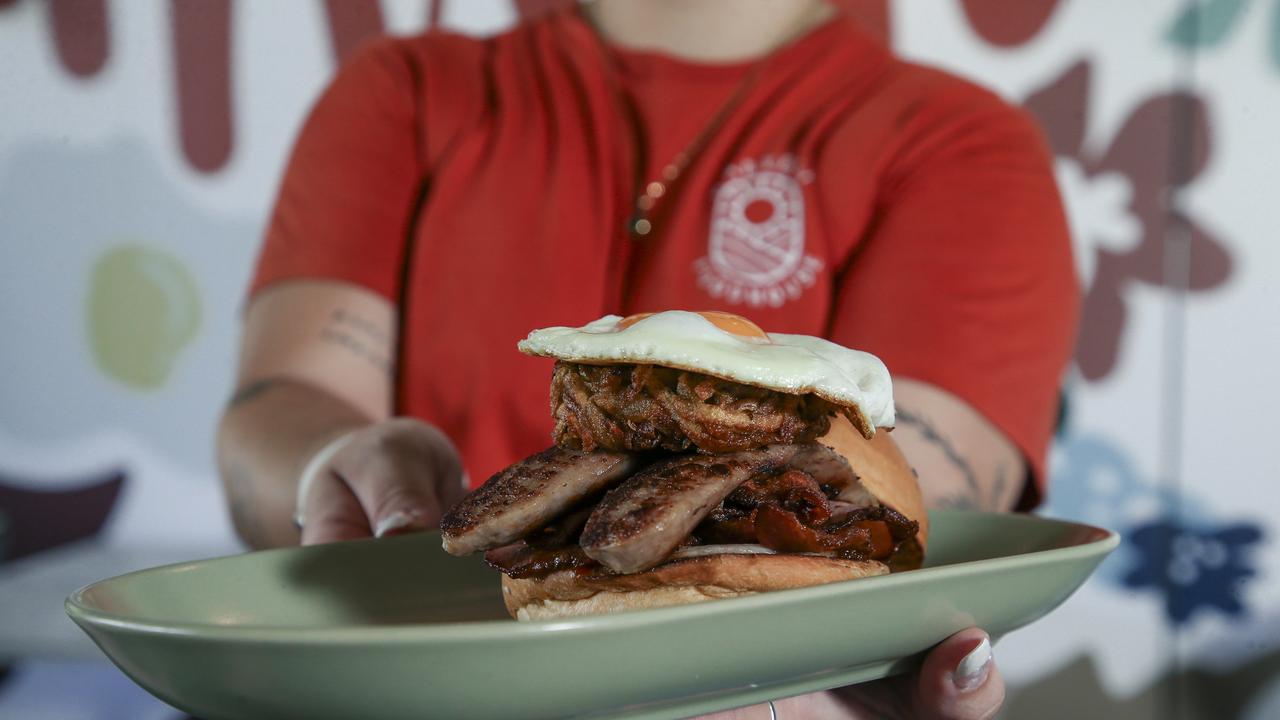 The Brekkie Burger at Harvest Foodhouse. Picture: Glenn Campbell