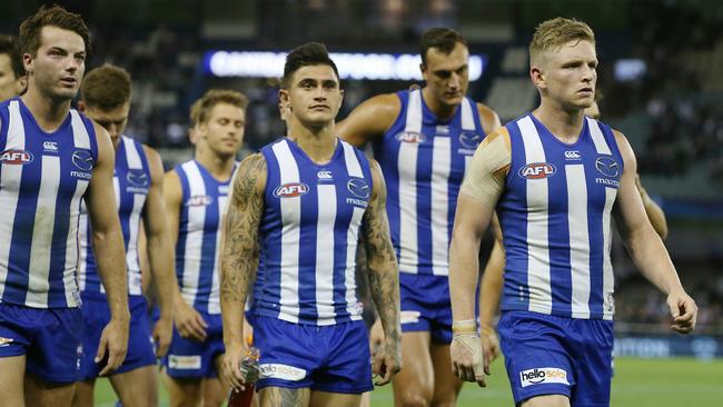 Jack Ziebell leads disappointed North Melbourne players from the field. Picture: Michael Klein