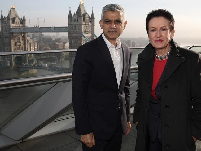 Lord Mayor of Sydney Clover Moore meets Mayor of London Sadiq Khan at the London City Hall. Picture: Ella Pellegrini