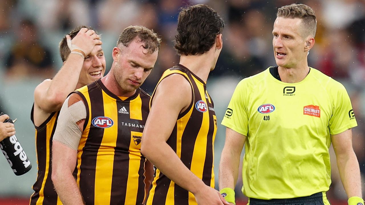 Tom Mitchell speaks to umpire Hayden Gavine. Picture: Getty Images