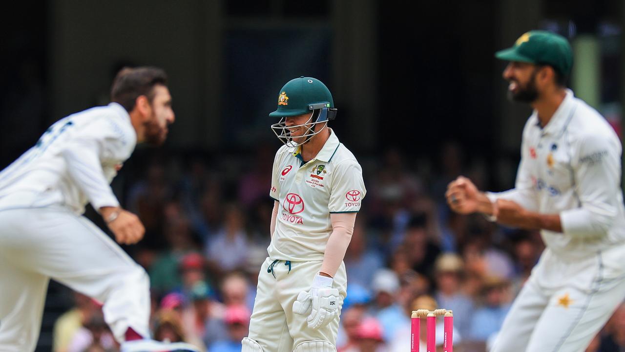 Pakistan celebrate at removing David Warner before lunch on day two. Picture: Getty