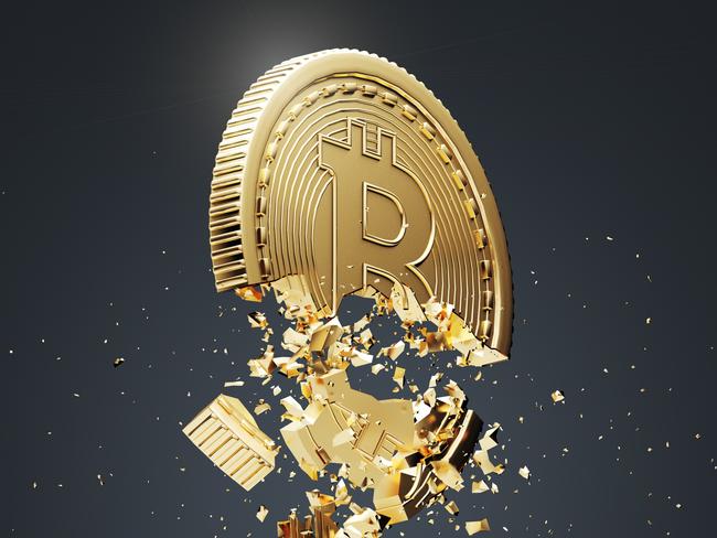 Gold bitcoin falling apart. Concept of a cryptocurrency market crisis. A black background. A side view. 3d rendering bitcoin crash generic