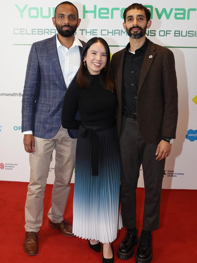 MELBOURNE, AUSTRALIA – MAY 28 2024 Pavan Raju, Rebecca Chu and Anmol Nayak at the CommBank Young Hero Awards held at the Langham Hotel in Melbourne. Picture: Brendan Beckett