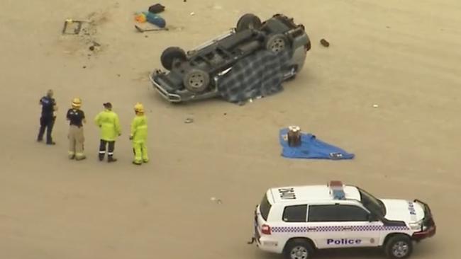 A French tourist died and four others were hospitalised after a 4WD rollover at Teewah Beach on Sunday afternoon. Picture: Nine News