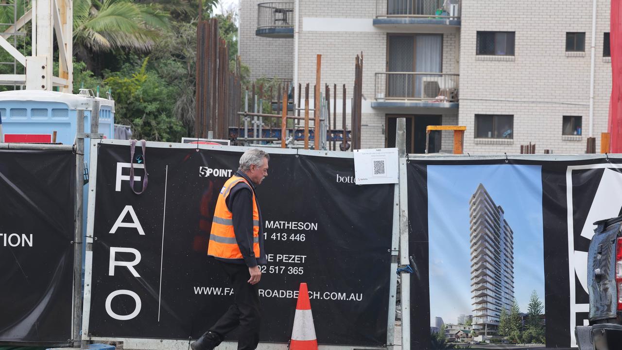 Security watches over 5Point project Faro in Old Burleigh Rd, Broadbeach. Picture: Glenn Hampson