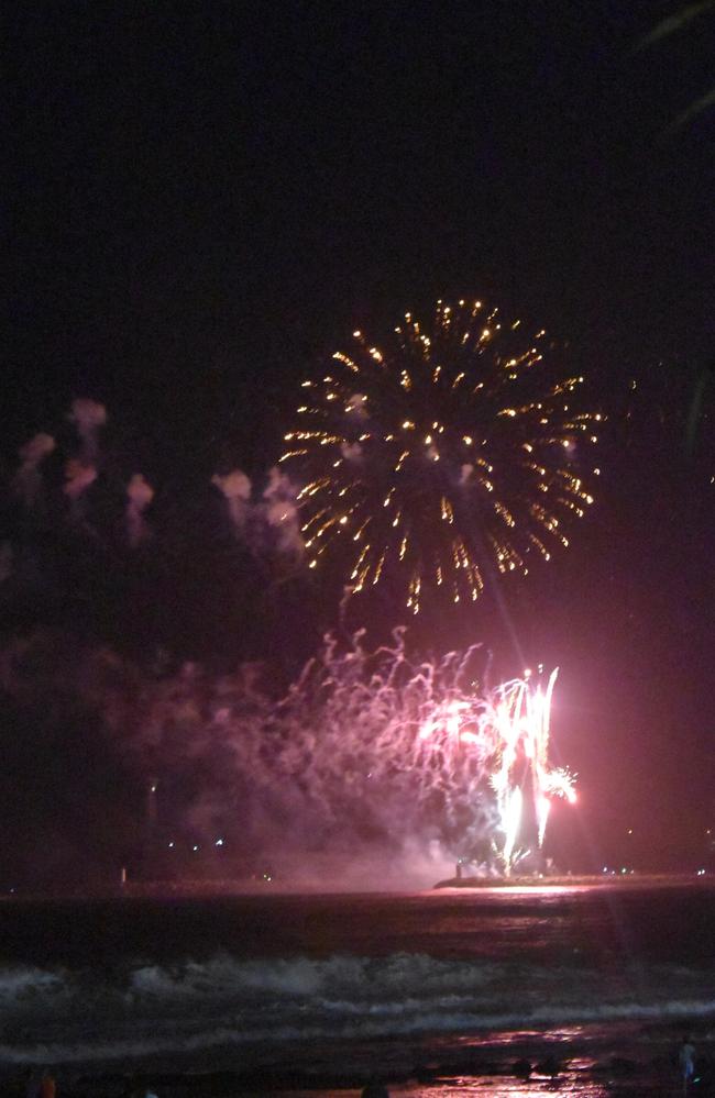 Fireworks light up the night sky over Mooloolaba as thousands turned out to watch and bring in the New Year. Photo: Elizabeth Neil