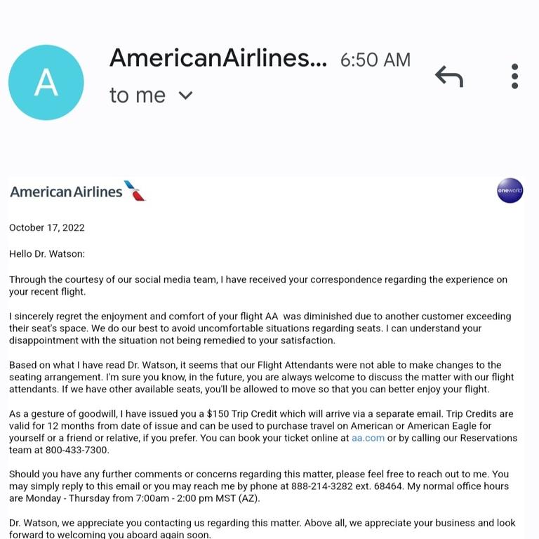 American Airlines has given her a $150 flight credit. Picture: Twitter/SydneyLWatson