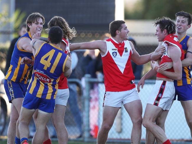 Tempers flare in the MPNFL Division 2: Somerville v Red Hill game. Saturday, June 15, 2019. Picture: David Crosling