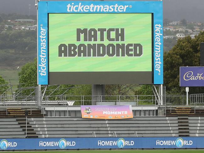 LAUNCESTON, AUSTRALIA - OCTOBER 23: Match abandoned due to bad weather during the Women's Big Bash League match between the Sydney Thunder and the Sydney Sixers at University of Tasmania Stadium, on October 23, 2021, in Launceston, Australia. (Photo by Sarah Reed/Getty Images)