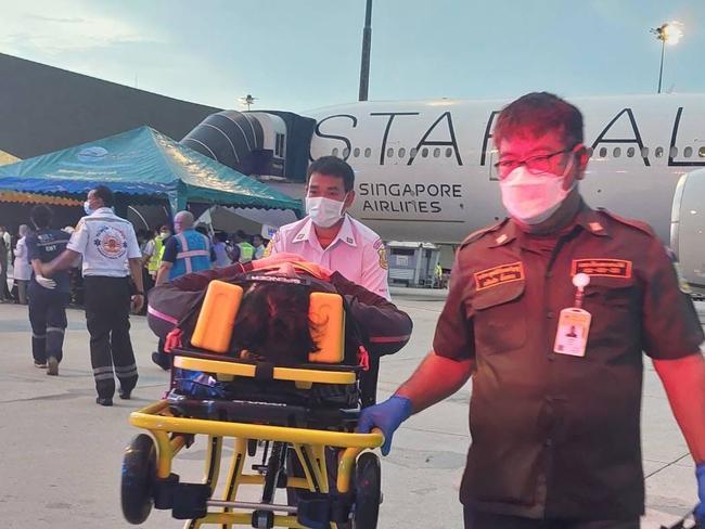 Pictured is the team who work with Chief of EMS Ruamkatanyu operation, Piyalak Kinkaew, who was first on scene on the tarmac after the Singapore Airlines aircraft touched down in Bangkok. Picture: Jang Sawitree