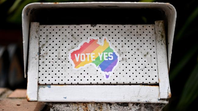 A sticker with a message in support of a Yes vote in the marriage equality postal survey.