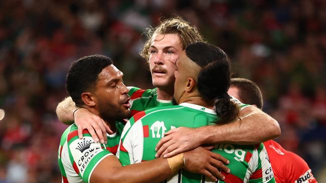 BRISBANE, AUSTRALIA - APRIL 13: Campbell Graham of the Rabbitohs scores a try during the round seven NRL match between Dolphins and South Sydney Rabbitohs at Suncorp Stadium on April 13, 2023 in Brisbane, Australia. (Photo by Chris Hyde/Getty Images)