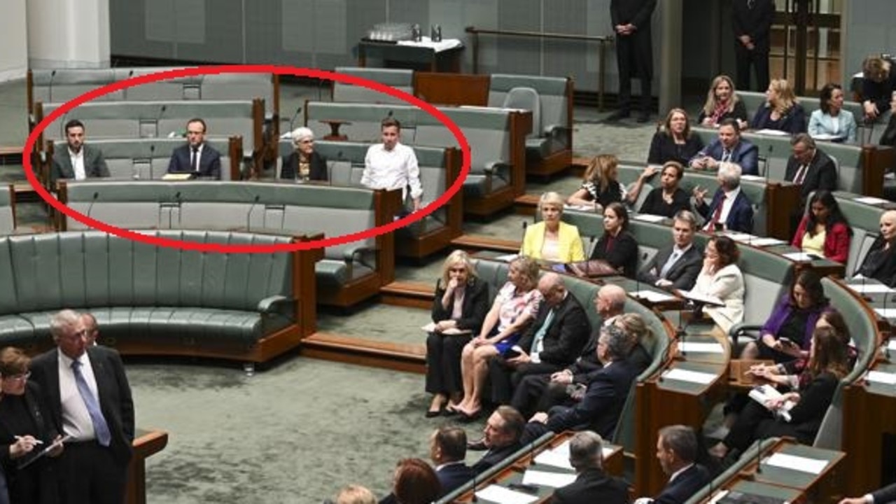 Greens MPs Stephen Bates, Max Chandler-Mather, Elizabeth Watson-Brown and leader Adam Bandt sit separately from the rest of parliament. Picture: NCA NewsWire / Martin Ollman.