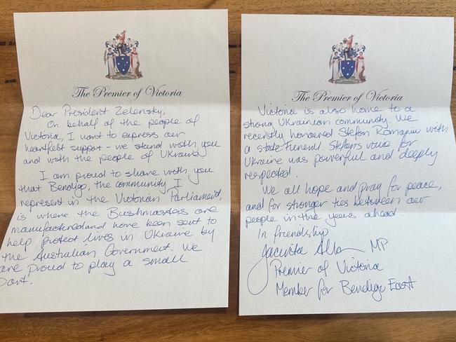 Premier Jacinta Allan penned a handwritten letter of support to Ukrainian president Volodymyr Zelenskyy. Picture: Supplied