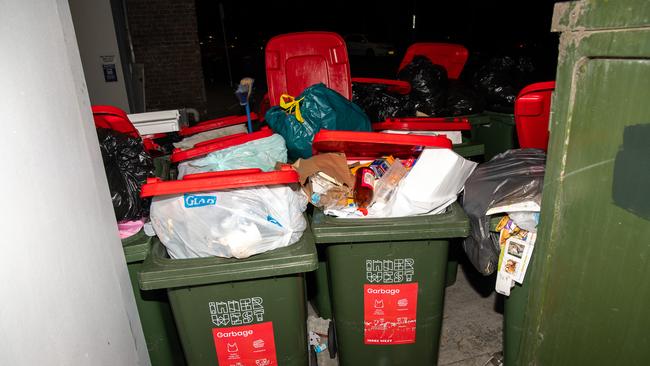 Residents have blamed overflowing bins, like these in St Peters this week, for an increase in rats. Picture: Thomas Lisson